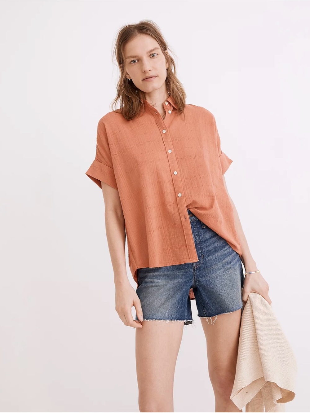 Madewell Courier Pintuck-Back Shirt in Textured Windowpane, Sweet Dahlia Size XS